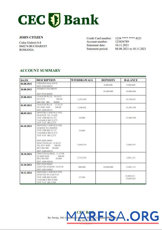 Downloadable Romania CEC bank statement word download for verification